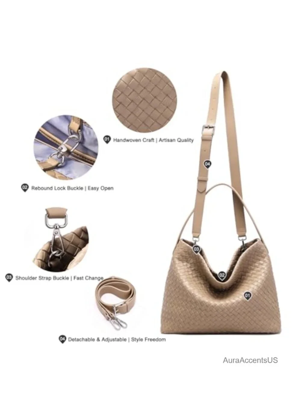 Handwoven Vegan Leather Tote Bag with Adjustable Strap for Travel